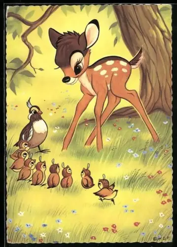 AK Rehkitz Bambi bestaunt Henne mit ihren Kücken