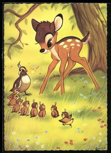 AK Rehkitz Bambi bestaunt Henne mit ihren Kücken