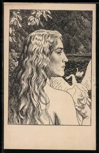 Künstler-AK Franz Hein: Schwanenjungfrau mit namensgebenden Tieren