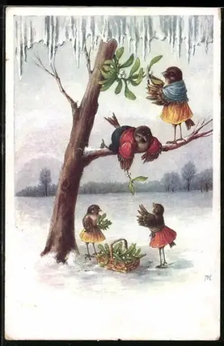 Künstler-AK C. Öhler: Vogelfamilie sammelt Zweige im Winter, Neujahrsgruss, vermenschlichte Tiere