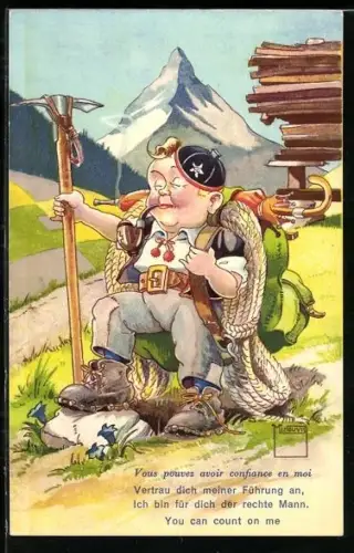 Künstler-AK sign. Minouvis: Bergsteiger vor dem Aufstieg ins Gebirge