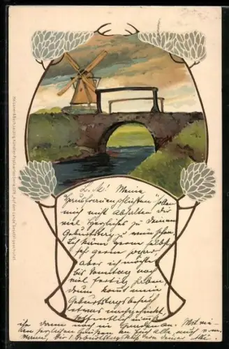 AK Partie an einer Brücke mit Windmühle im Hintergrund, Jugendstil