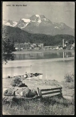 AK St.-Moritz-Bad, Teilansicht des Ortes mit Gebirgspanorama