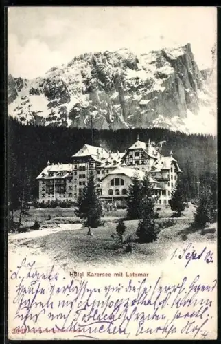 AK Karersee, Hotel Karersee mit Latemar und Leuten