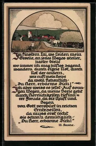 Steindruck-AK Ortspartie mit einem Gedicht, Du Heer, erbarme Dich!