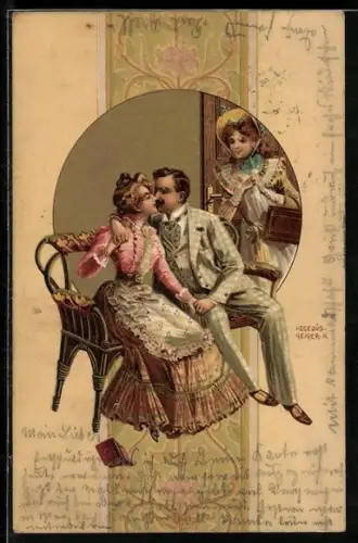 Künstler-AK R. Hegedüs-Geiger: Mann küsst seine Geliebte, Ehefrau kommt zur Tür herein