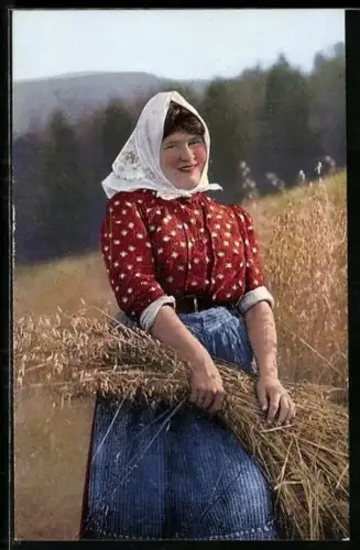 AK Geberg`sch Mädl in sächsischer Tracht bei der Ernte