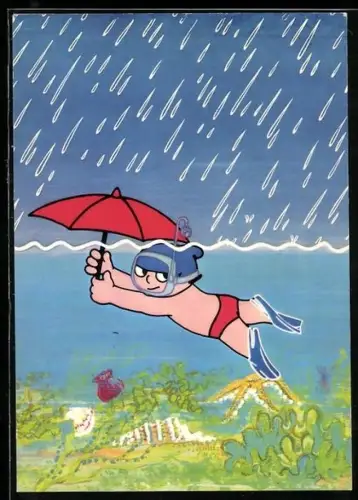 AK Mainzelmännchen als Taucher mit Regenschirm