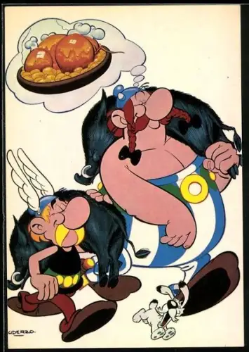 Künstler-AK Asterix und Obelix nach erfolgreicher Wildschweinjagd, Comic
