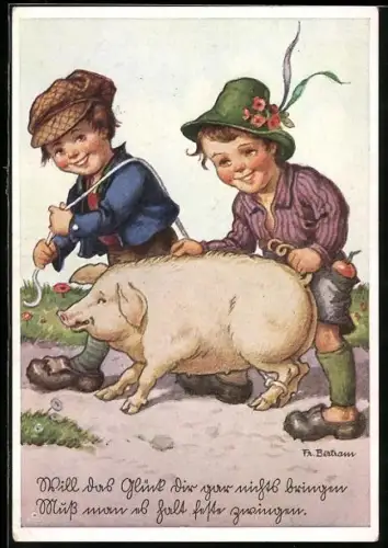Künstler-AK sign. Fr. Bertram: Kinder schieben und ziehen ein Schwein auf den richtigen Weg