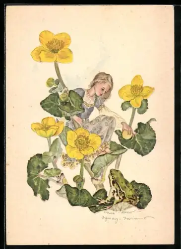 Künstler-AK Schwarz-Torino: Junges Mädchen steigt auf eine gelbe Blume herauf