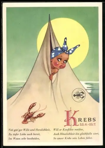 AK Spruch zum Krebs-Sternzeichen, Mädchen schaut am Strand aus dem Zelt auf eine Krebs