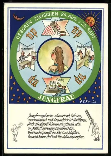 Künstler-AK O.E. Remus: Jungfrau, Sternzeichen, Charaktereigenschaften d. Jungfrau