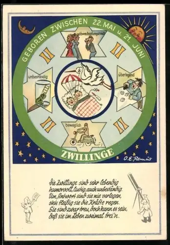 AK Sternzeichen Zwillinge, Storch bringt Zwillinge, Darstellung von Eigenschaften des Sternzeichens