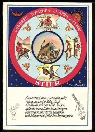 Künstler-AK O. E. Remus: Stier, geboren zwischen 21. April und 21. Mai, Charaktereigenschaften des Stiers