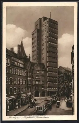 AK Stuttgart, Tagblatt-Turmhaus mit Strassenbahn davor