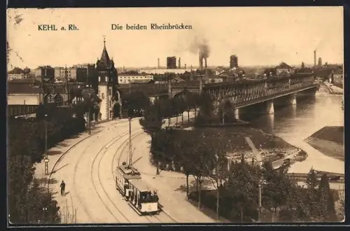 AK Kehl a. Rh., Partie an den beiden Rheinbrücken mit Strassenbahn