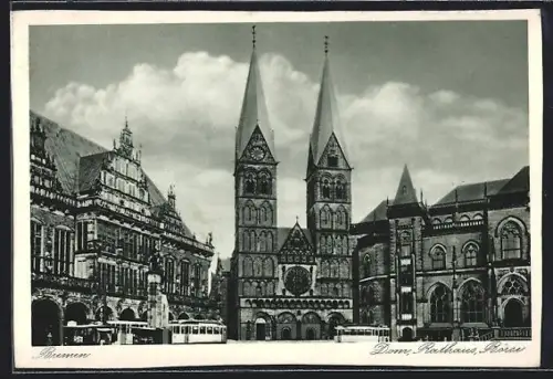 AK Bremen, Dom, Rathaus, Börse und Strassenbahnen