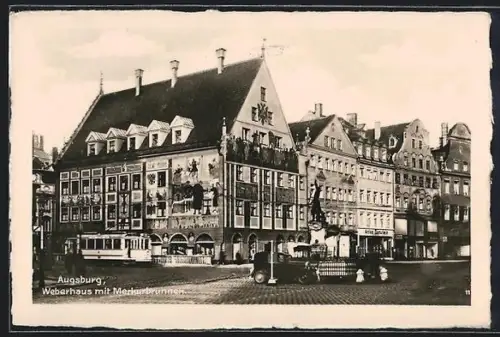 AK Augsburg, Partie am Weberhaus, mit Merkusbrunnen und Strassenbahn