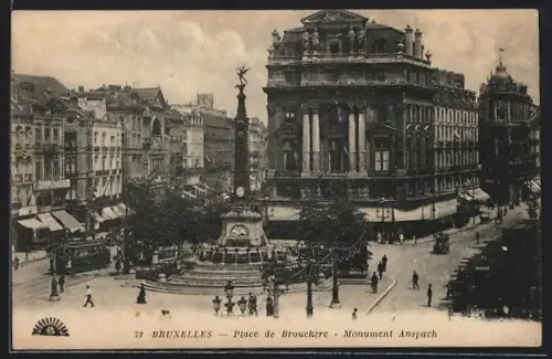 AK Bruxelles, Place de Brouckère, Monument Anspach, Strassenbahn