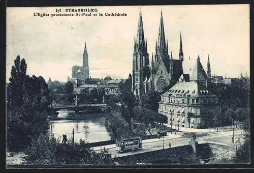 AK Strassburg, St. Pauls Kathedrale mit Strassenbahn