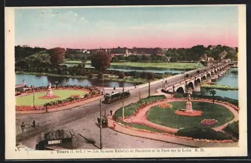 AK Tours /I.et-L, Les Squares Rabelais et Descartes et le Pont sur la Loire, Strassenbahn