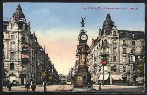 AK Frankfurt a. M., Kaiserstrasse mit Uhrturm und Strassenbahn