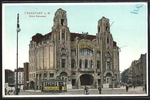 AK Franfurk a. M., Partie am Zirkus Schumann, Strassenbahn