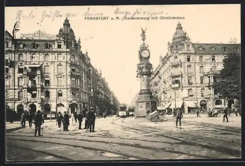 AK Frankfurt a. M., Uhrtürmchen und Strassenbahn in der Kaiserstrasse