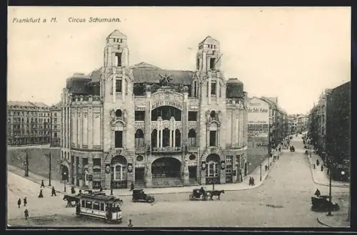 AK Frankfurt am Main, Zirkus Schumann, Strassenbahn