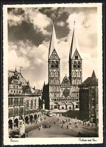 AK Bremen, Rathaus, Dom und Börse mit Strassenbahn