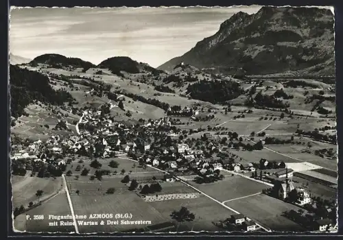 AK Azmoos /St.G., Flugzeugaufnahme mit Ruine Wartau und Drei Schwestern