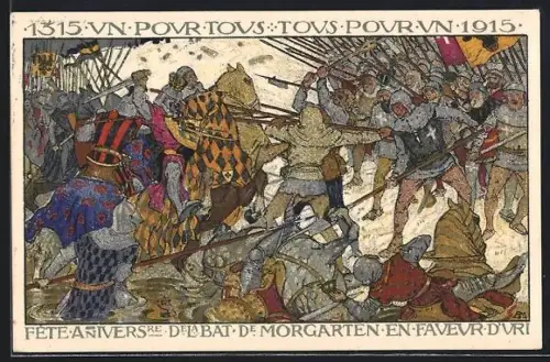 Künstler-AK Morgarten, Fête Anniversaire de la Bataille de Morgarten en Faveur d`Uri 1315-1915, Kampfszene