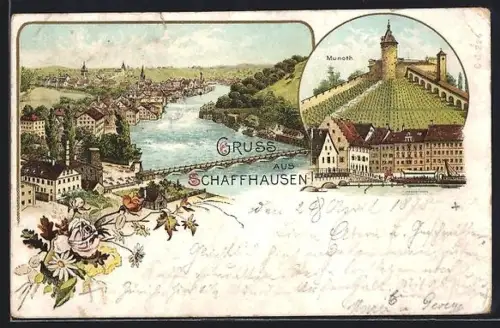 Lithographie Schaffhausen, Munoth, Schiff, Ortspartie