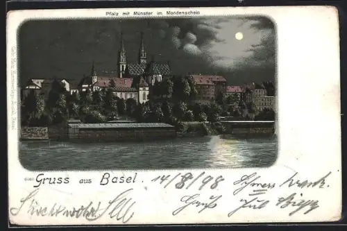 Lithographie Basel, Pfalz mit Münster bei Nacht