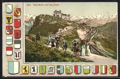 AK Rigi-Kulm, Ansicht mit den Alpen, Fahnen der Kantone