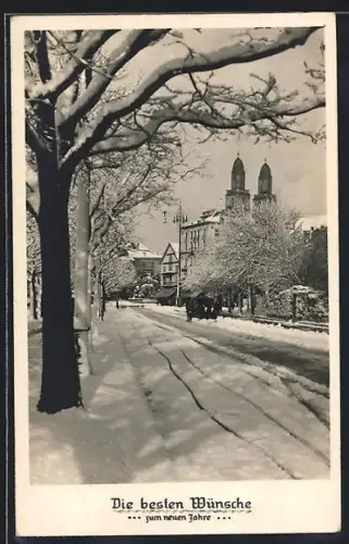 AK Zürich, Verschneite Strassenpartie mit Kirche