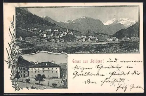 Lithographie Splügen, Hotel Bodenhaus, Gesamtansicht mit Gebirge