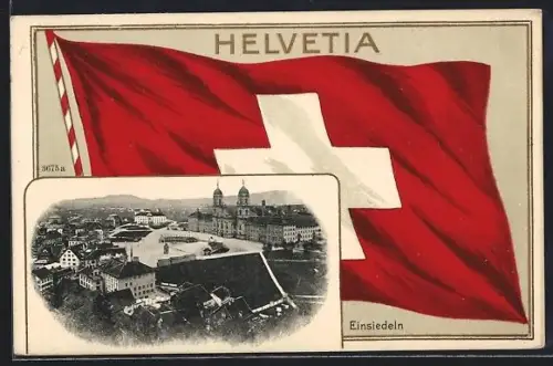 AK Einsiedeln, Teilansicht des Ortes mit Schweizer Flagge im Passepartout