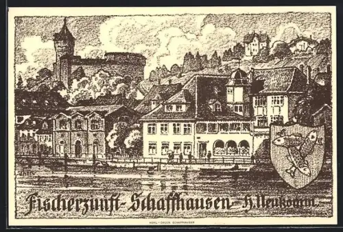 AK Schaffhausen, Uferpartie mit Fischerzunft und Wappen
