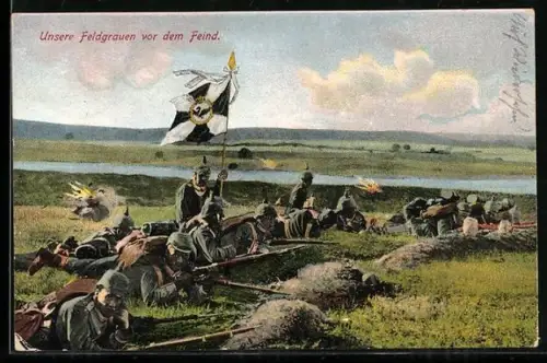 AK Feldgraue auf einer Wiese mit Flagge