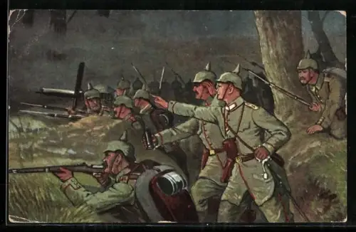 AK Soldaten mit Waffen und Maschinengewehr bei Nacht im Schützengraben