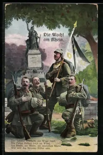 AK Wacht am Rhein, Infanteriesoldaten vor Denkmal