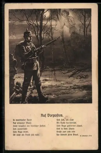 AK Vorposten in mondheller Nacht erblickt seine Geliebte in den Wolken