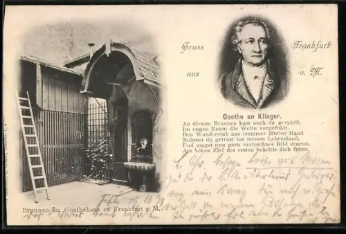 AK Frankfurt a. M., Brunnen im Goethehaus, Zeilen von Goethe an Klinger