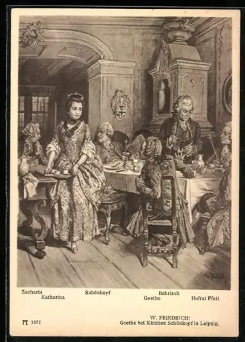 Künstler-AK Leipzig, Goethe bei Kätchen Schönkopf, Zacharia, Katharina und Goethe