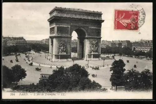 Lithographie Paris, L`Arc de Triomphe, tramway