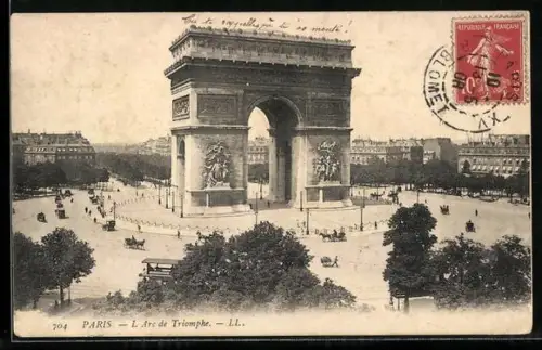 Lithographie Paris, L`Arc de Triomphe, tramway