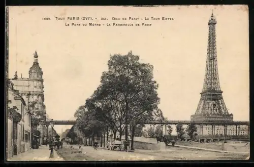 AK Paris, Quai de Passy, la Tour Eiffel, le Pont du Métro, la Passerelle de Passy, Eiffelturm