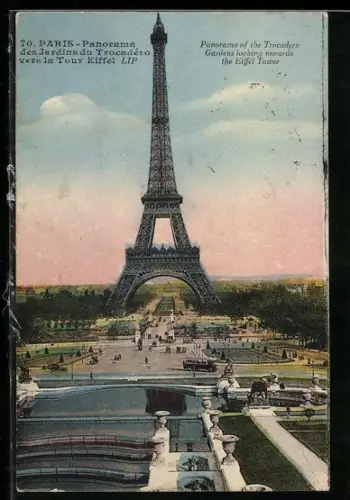 AK Paris, Panorama des Jardins du Trocadéro vers la Tour Eiffel, Eiffelturm
